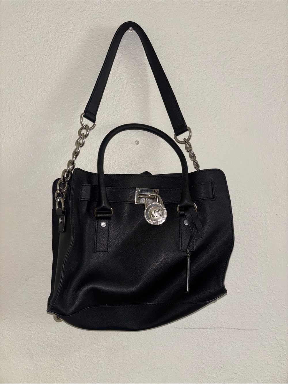 Michael Kors Black Saffiano Leather Satchel with Chain Accent